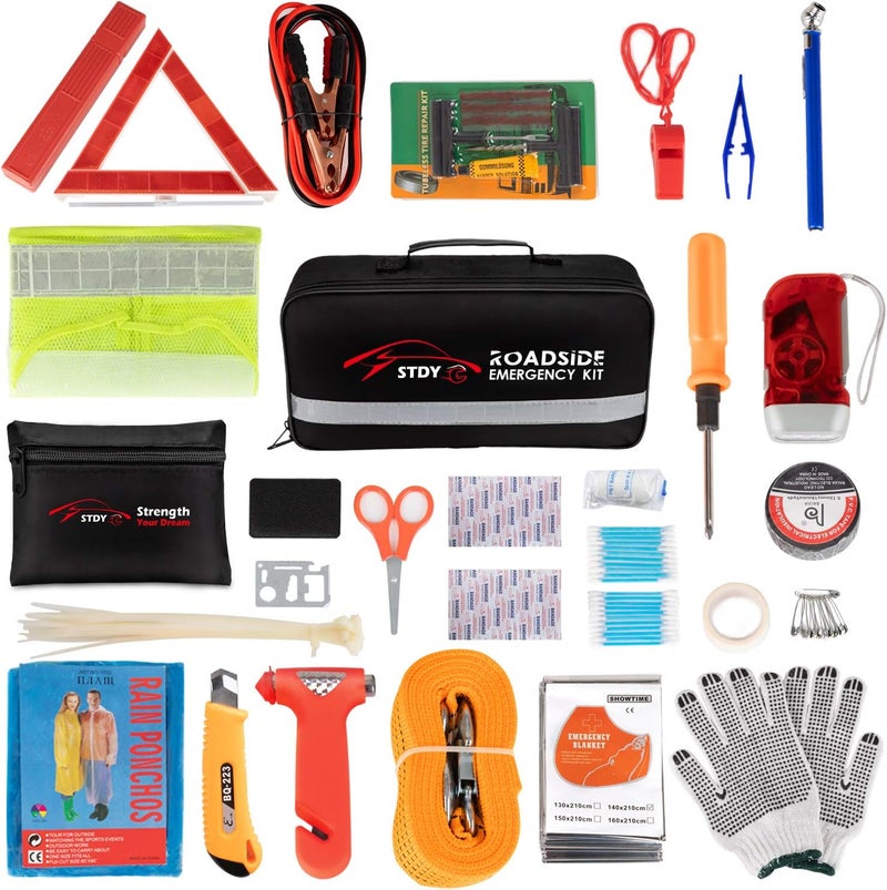 STDY Car Roadside Emergency Kit, Vehicle Truck Safety Road Side Assistance Kits Auto Accessory, with Jumper Cables, Tow Rope, Reflective Triangle, Tire Pressure Gauge, etc - Image 1